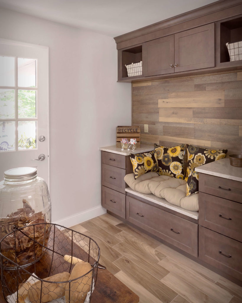 South Windsor kitchen remodel boot bench with upper and lower cabinet storage