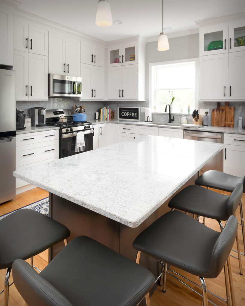 Detail view of island countertop in new kitchen and bathroom project in Middletown.