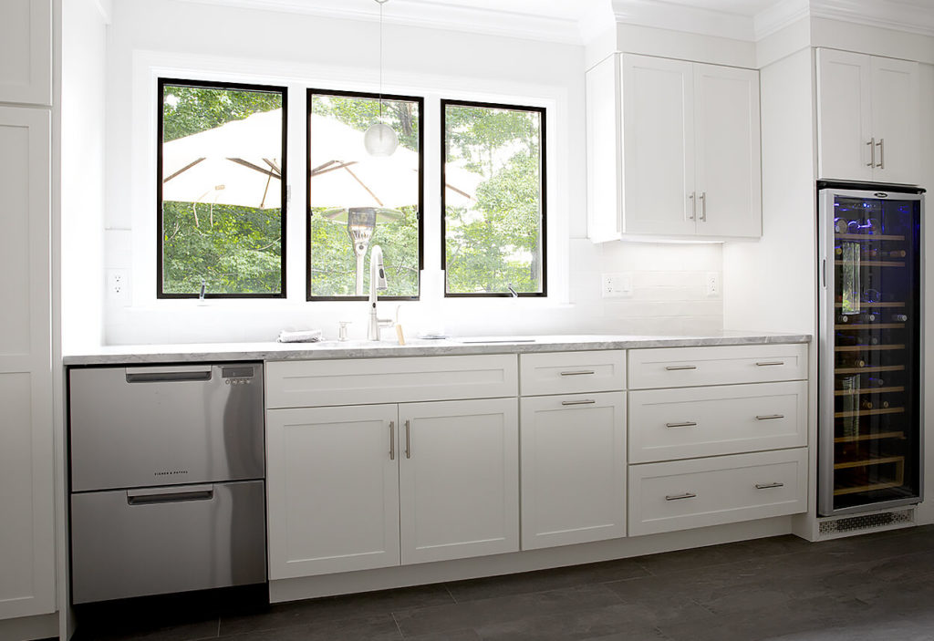 View of the Butler's Pantry AFTER work in the West Hartford Kitchen remodel showing custom full heights cabinets.